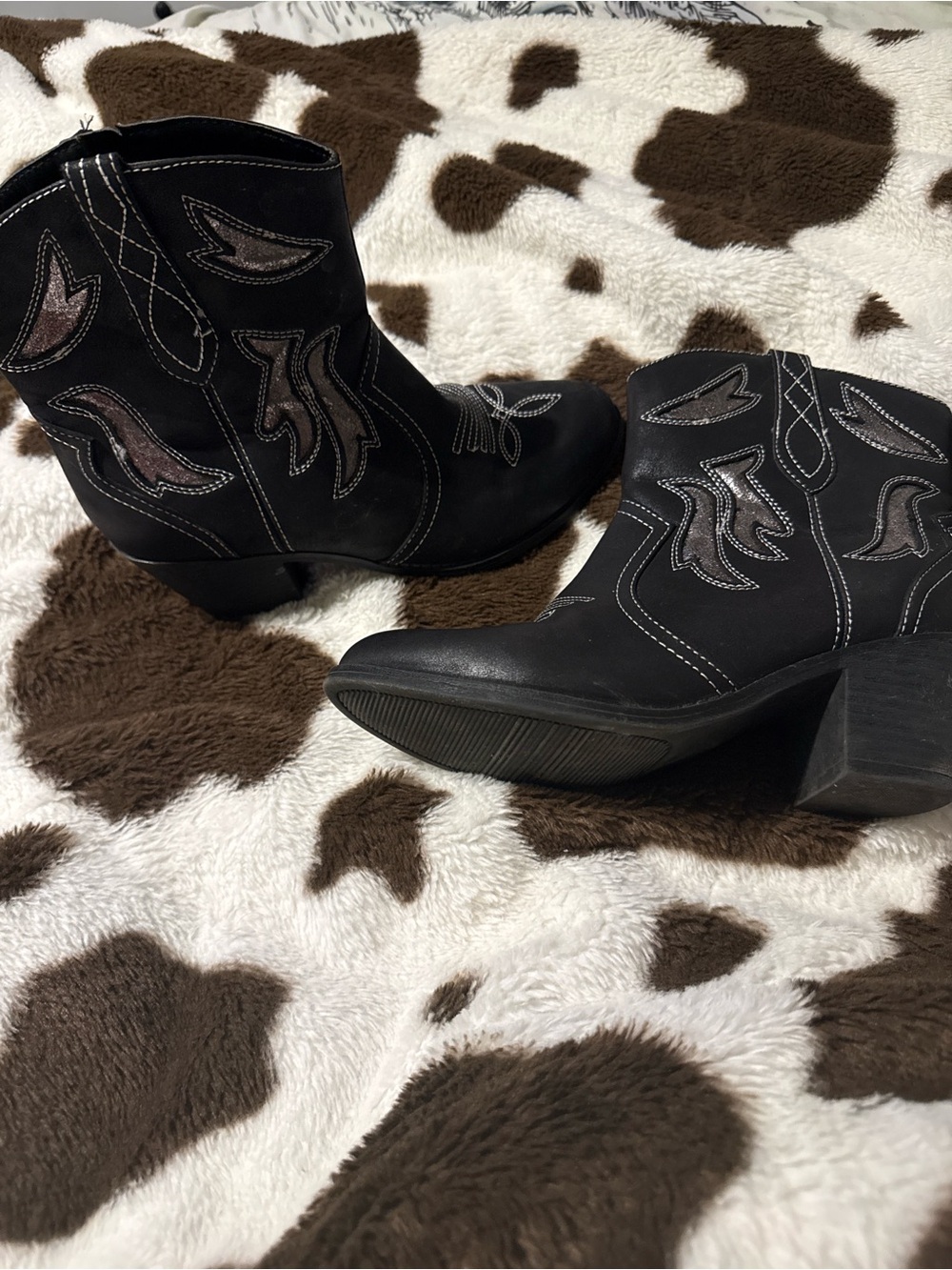Jellypop Black Suede Western Ankle Booties with Contrast Stitching